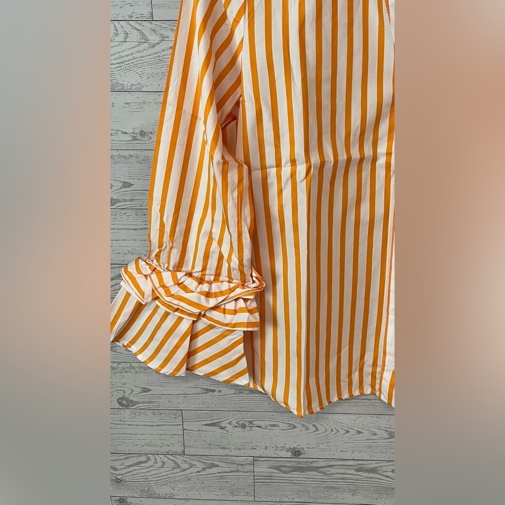 Harshman Selina Cotton Button Front Ruffle-Trim Top Women’s XS Striped Marigold - Picture 6 of 13